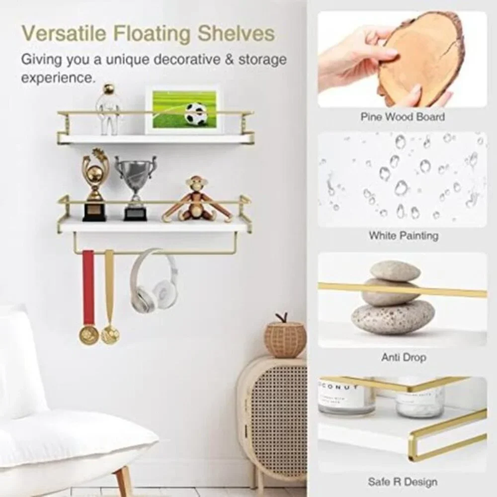 New Set of 2 Floating Bathroom Shelves, White & Gold Wall Organizer